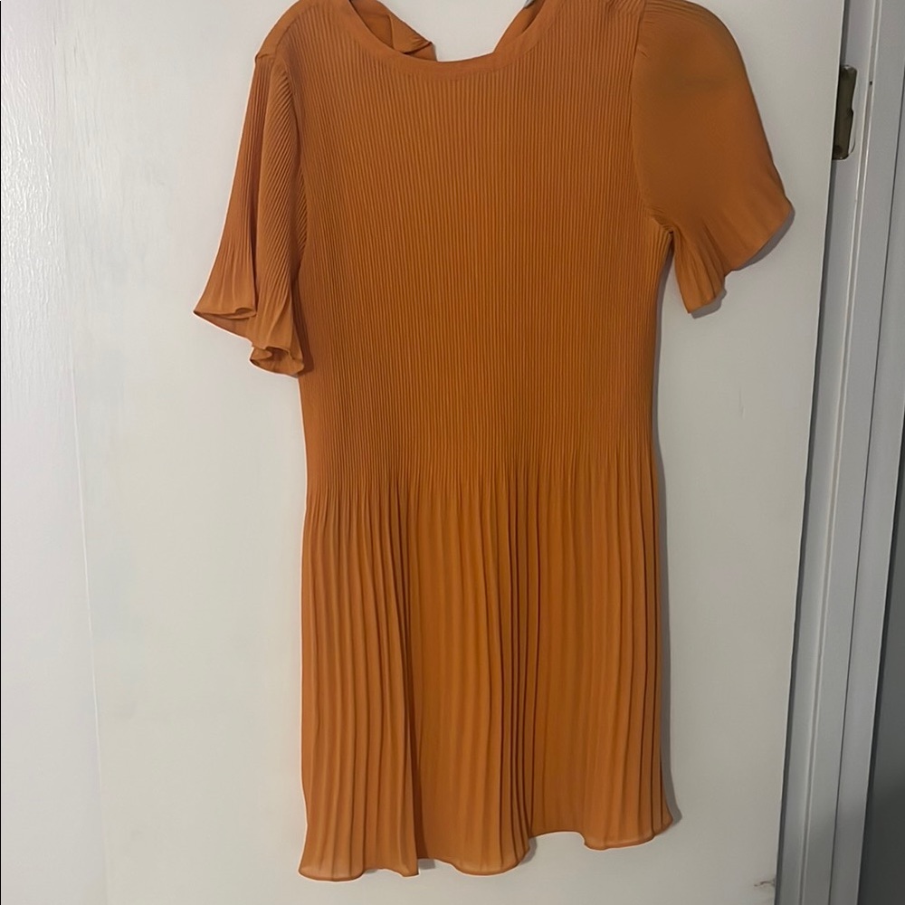 Naked Zebra Orange Pleated Mini Dress with Flutter Sleeves